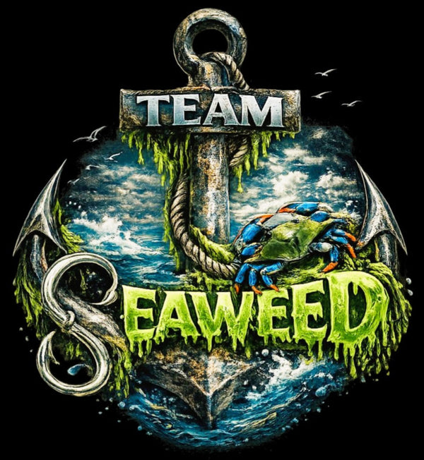 Anchor with seaweed and a crab, featuring the text 'Team Seaweed' on a black background.